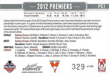 2012 Select AFL Eternity - Premiers #PC1 Sydney Swans Back
